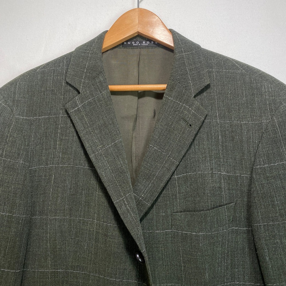 Hugo Boss Mars US Olive Green Windowpane Wool Linen Blazer Sport Coat 42S Mens - Picture 4 of 13